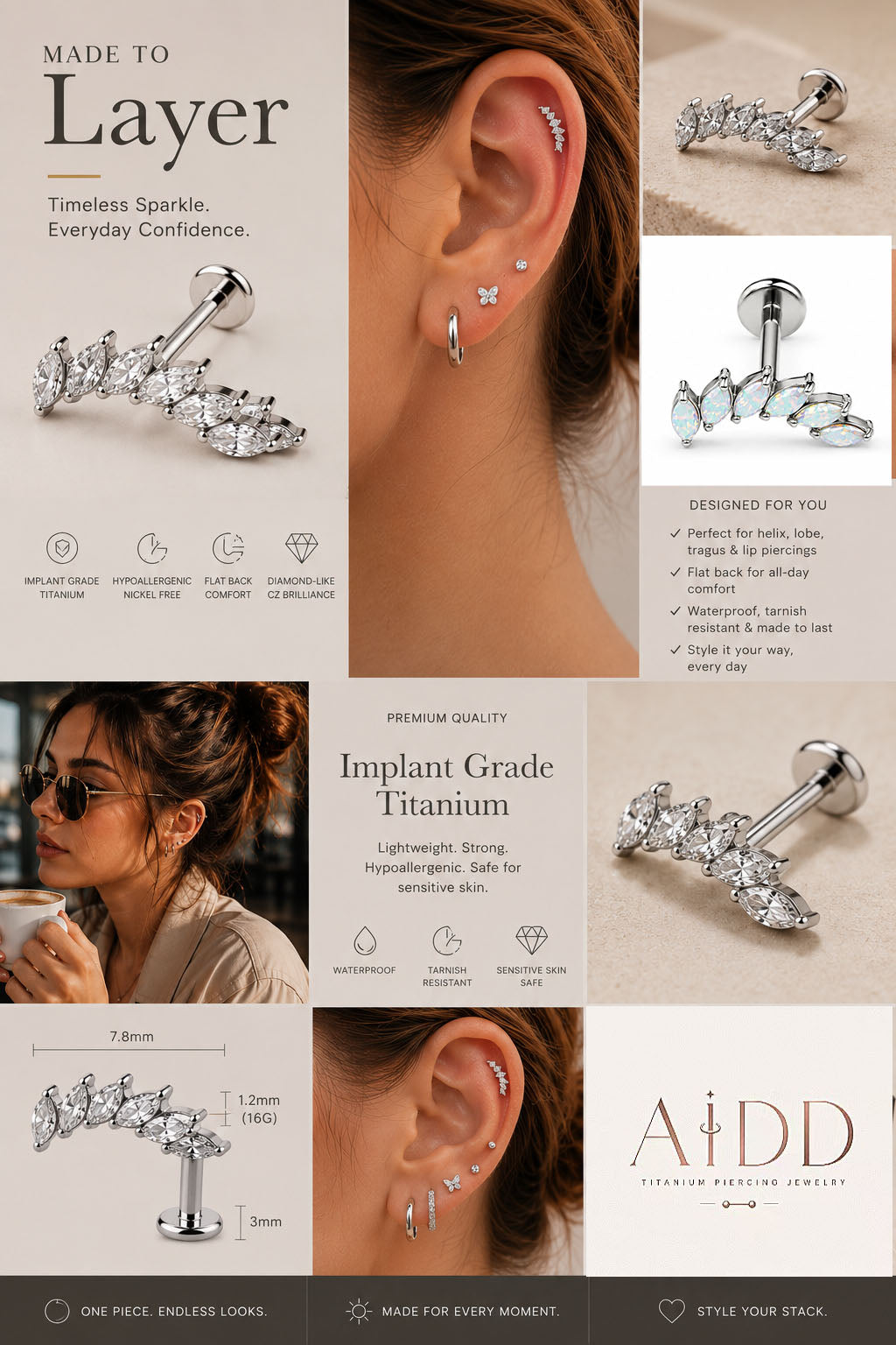 Hypoallergenic implant grade titanium flat back stud with marquise CZ stones for sensitive skin