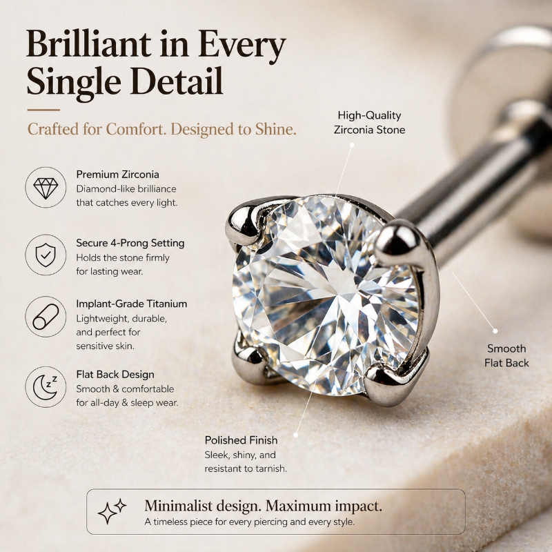 Flat back stud earring set in titanium with a high-quality cubic zirconia, showcasing the minimalist design and comfort-focused features. Perfect for helix, cartilage, lobe, and more.