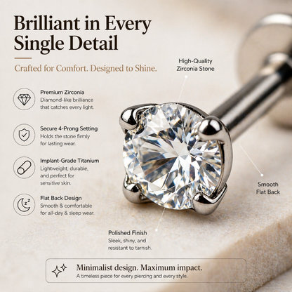 Flat back stud earring set in titanium with a high-quality cubic zirconia, showcasing the minimalist design and comfort-focused features. Perfect for helix, cartilage, lobe, and more.