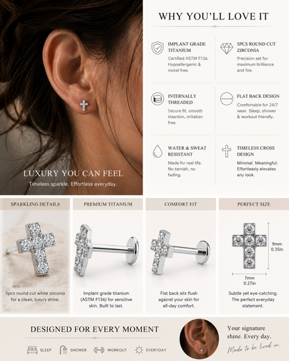 Luxury titanium cross flat back stud featuring implant grade titanium and sparkling cubic zirconia