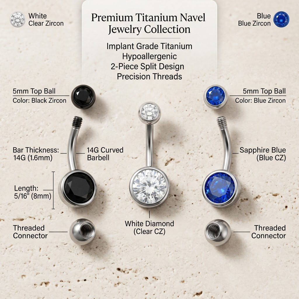 Precision size guide for 14G navel rings showing 8mm and 10mm options