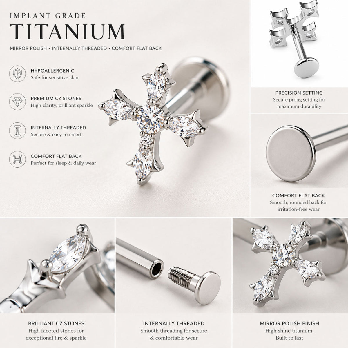 Close-up macro view of titanium cross flat back stud showing polished metal finish and brilliant cubic zirconia stones