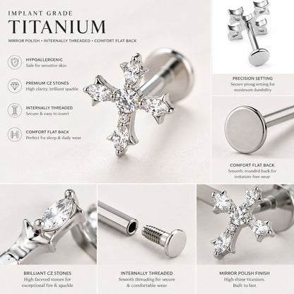 Close-up macro view of titanium cross flat back stud showing polished metal finish and brilliant cubic zirconia stones