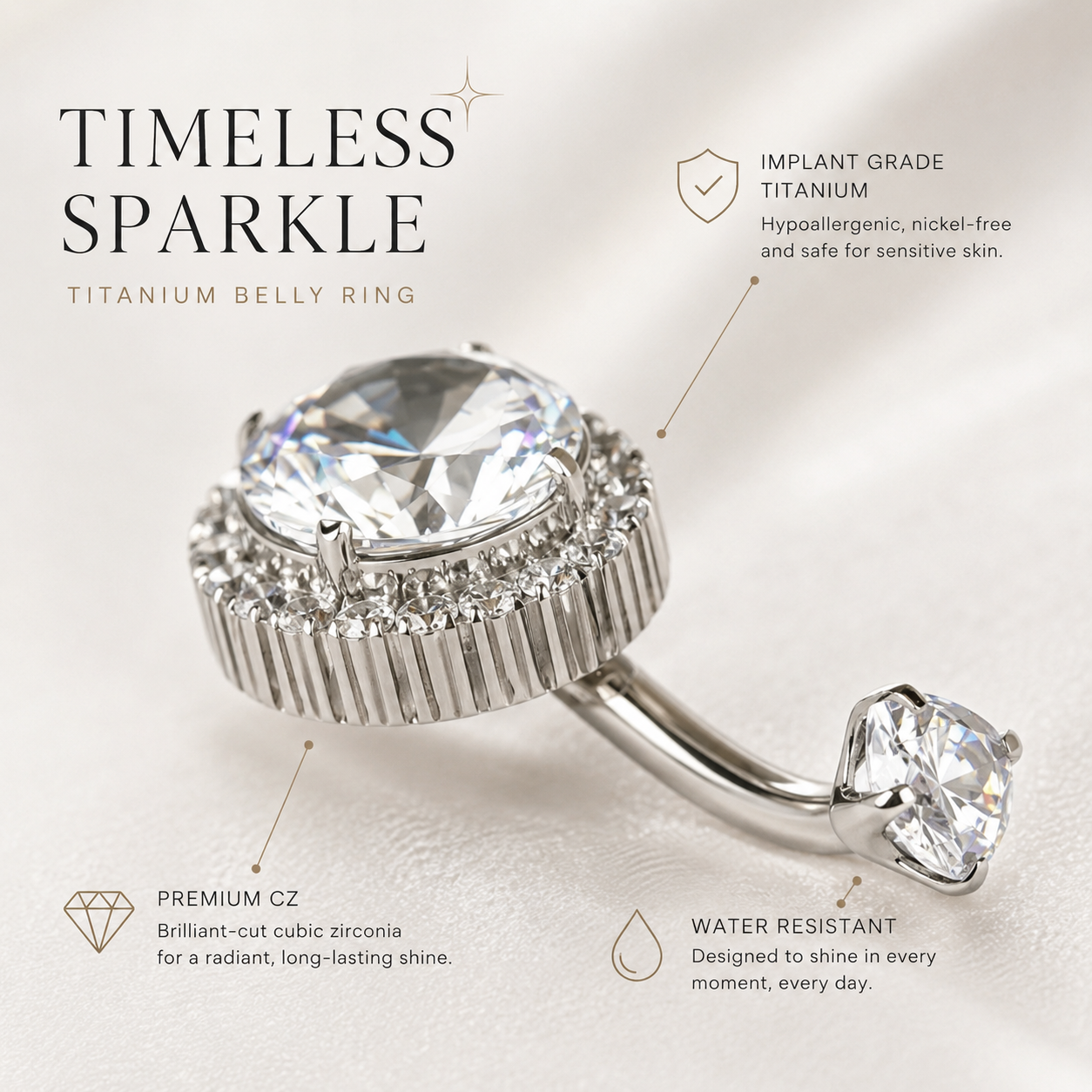 Macro close-up of precision-cut zircon stones and polished titanium setting