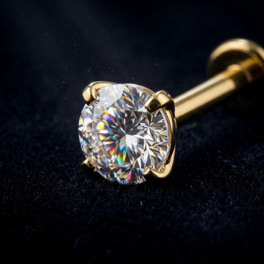 Extreme macro photography highlighting the brilliant zircon fire of clear, black, and sky blue stones in 4-prong gold titanium flat back settings.