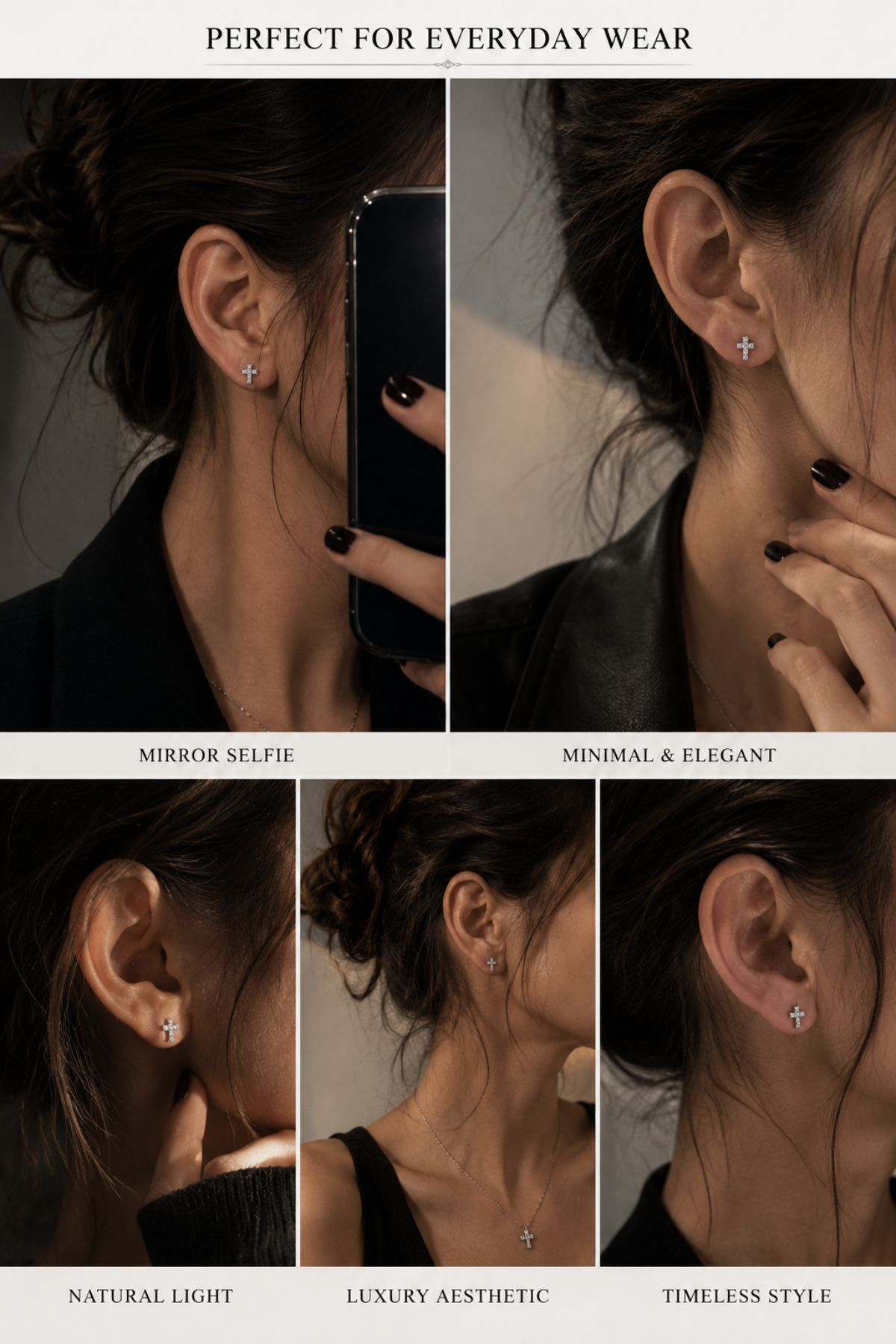 Minimal titanium cross stud styled in modern luxury ear stack combinations
