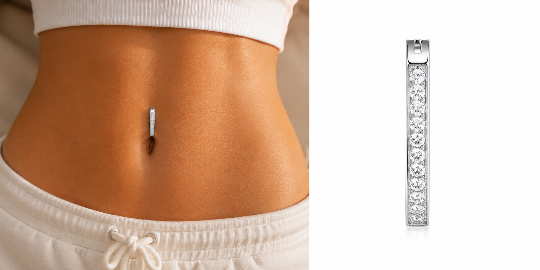 Young woman wearing a minimalist titanium belly ring with pavé zircon detail styled for modern luxury summer fashion.