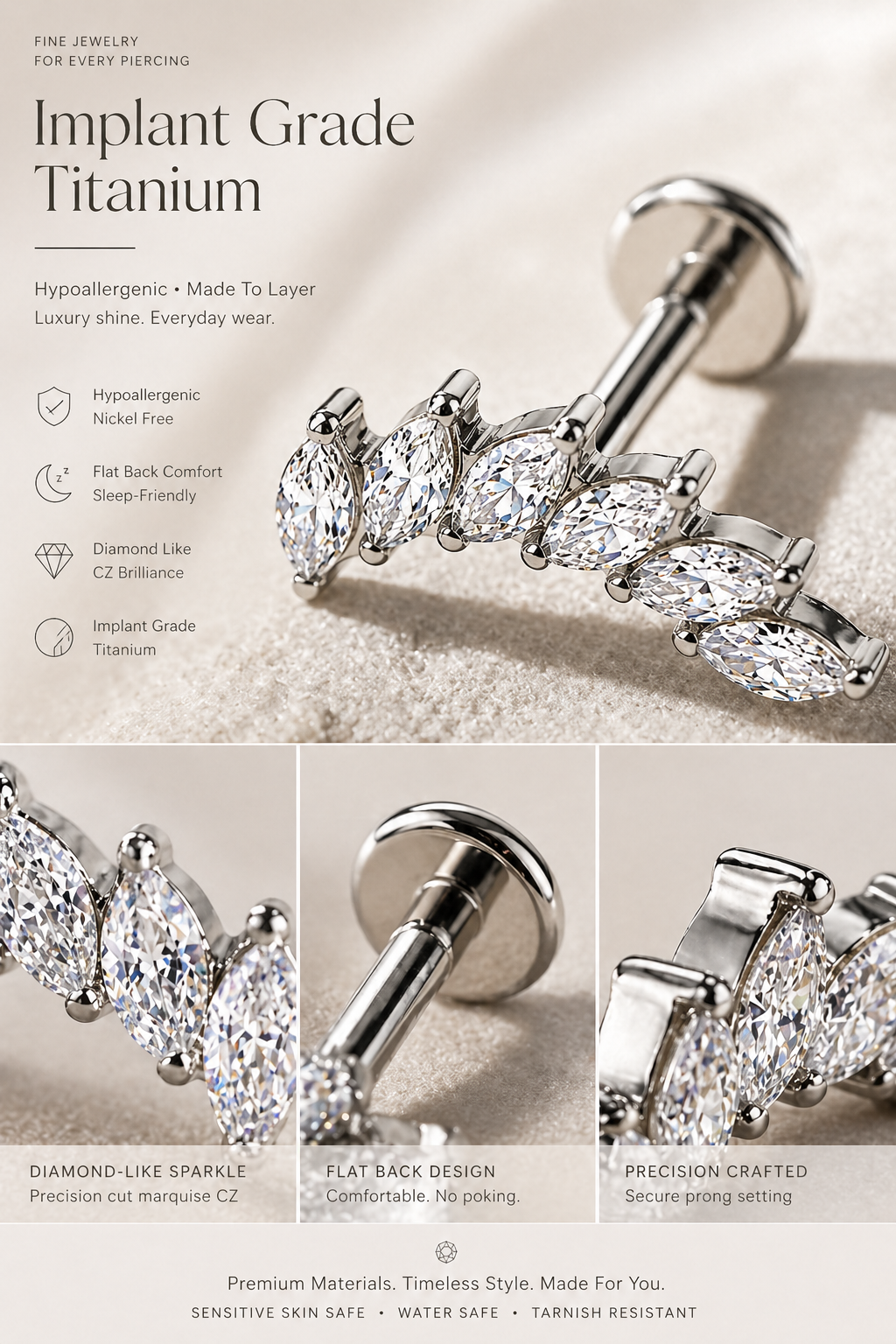 Luxury ear stack styling with titanium marquise flat back stud for cartilage and lobe piercings