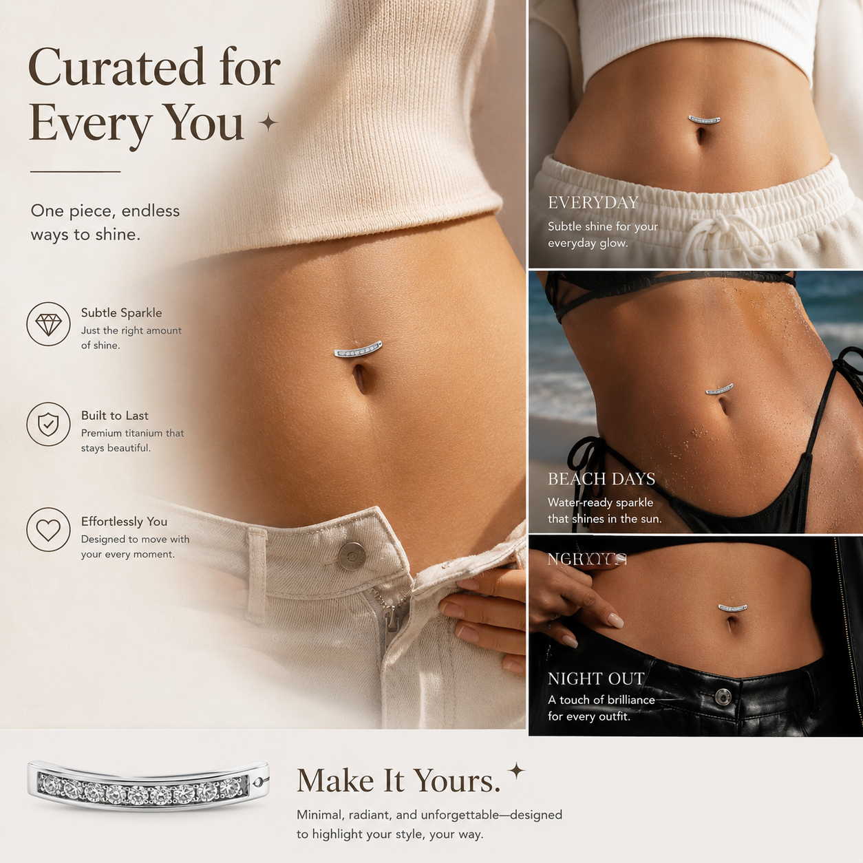 Minimal titanium piercing jewelry styled with layered modern body jewelry aesthetic for trendy fashion-inspired looks.