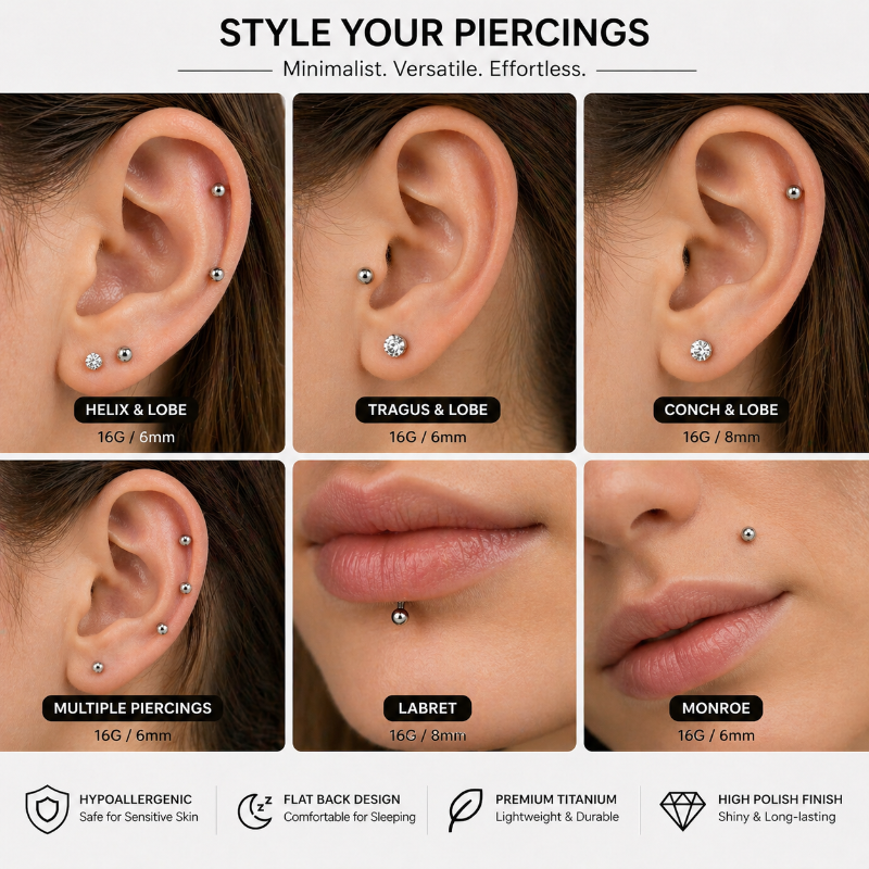 Minimalist titanium earrings styled on multiple ear piercings