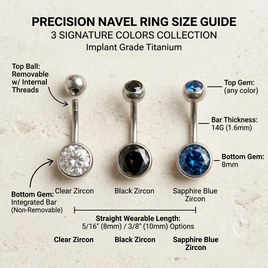 Precision size guide for 14G navel rings showing 8mm and 10mm options