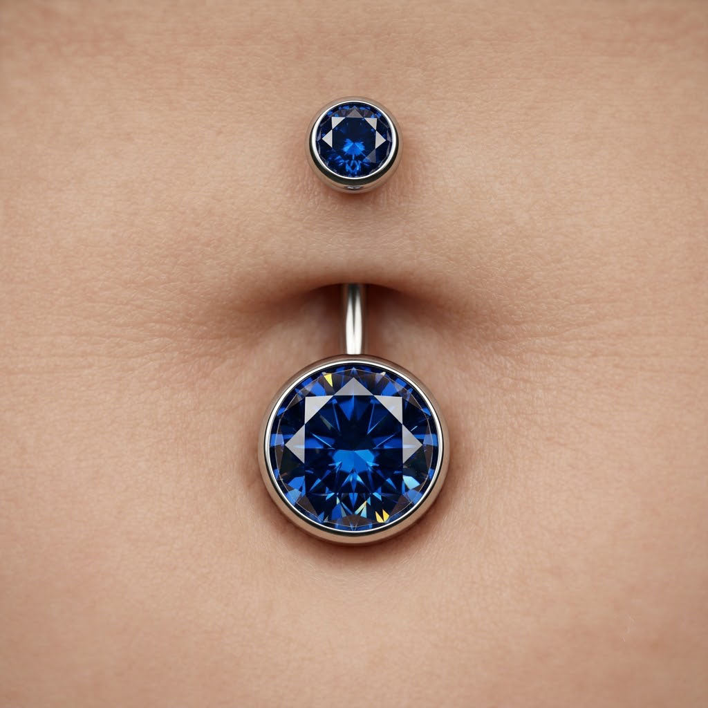 Close-up of high-clarity sapphire blue zircon navel ring on skin, premium titanium body jewelry for women