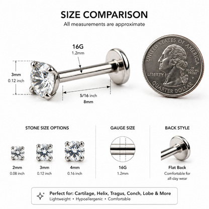16g flat back stud earring size chart 3mm zirconia titanium