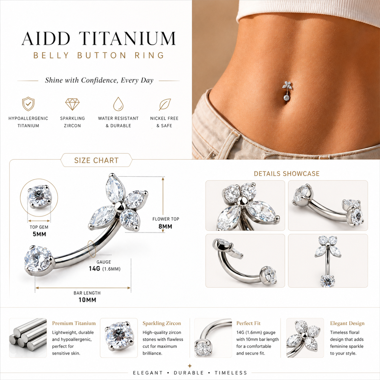 Titanium flower belly button ring with zircon stones featuring hypoallergenic, water resistant, and comfortable daily wear benefits