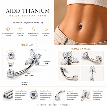 Titanium flower belly button ring with zircon stones featuring hypoallergenic, water resistant, and comfortable daily wear benefits