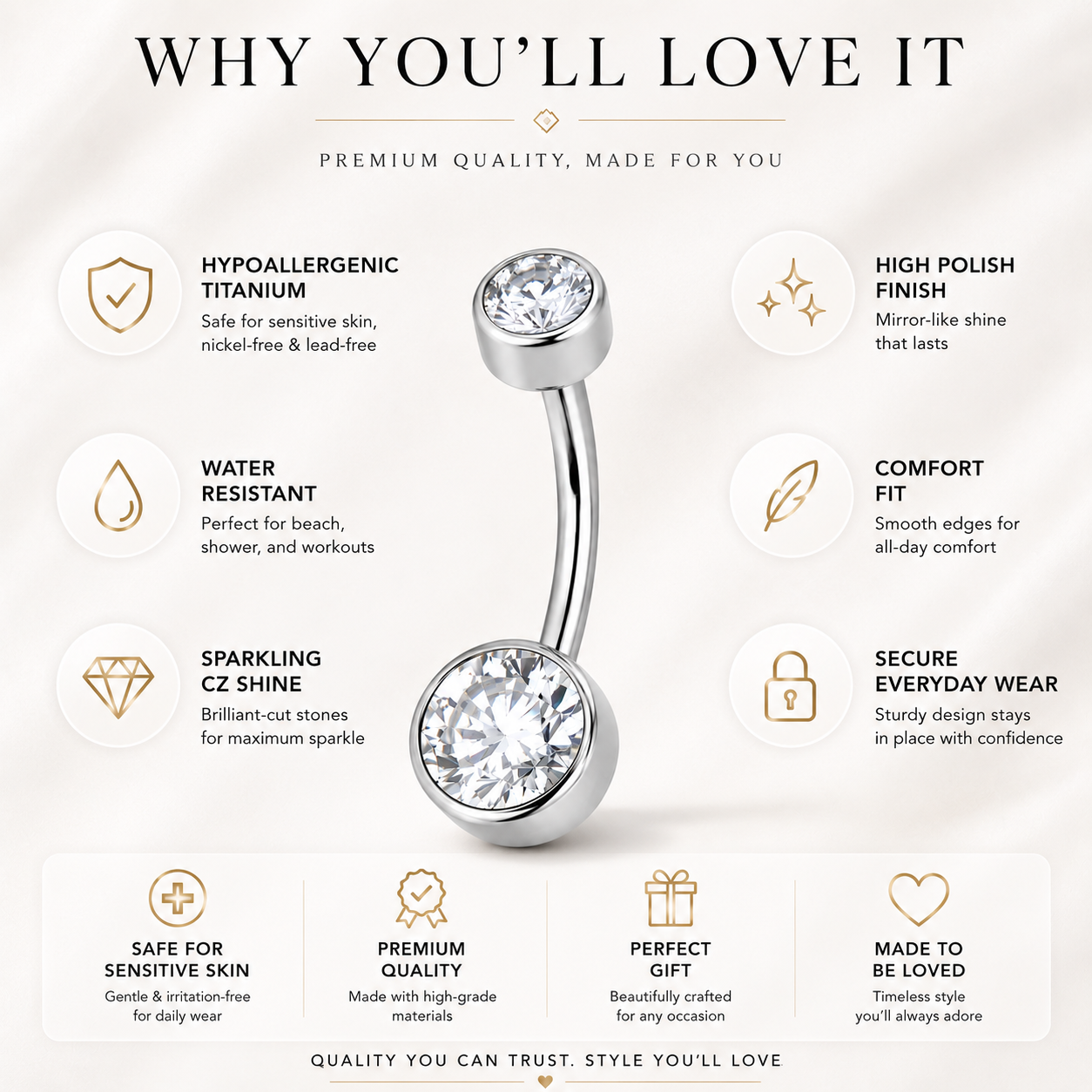 Hypoallergenic titanium belly button ring with water resistant design, comfort fit, mirror polish finish and sparkling zircon shine