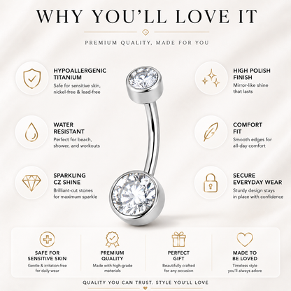 Hypoallergenic titanium belly button ring with water resistant design, comfort fit, mirror polish finish and sparkling zircon shine