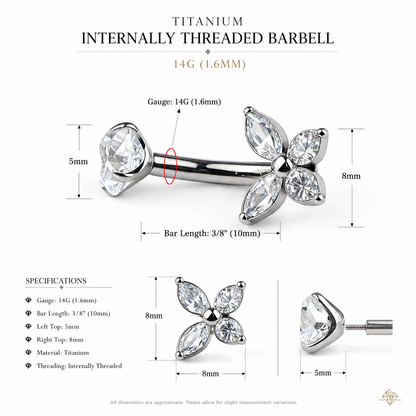Titanium flower belly button ring size chart showing 14G gauge and 10mm bar length