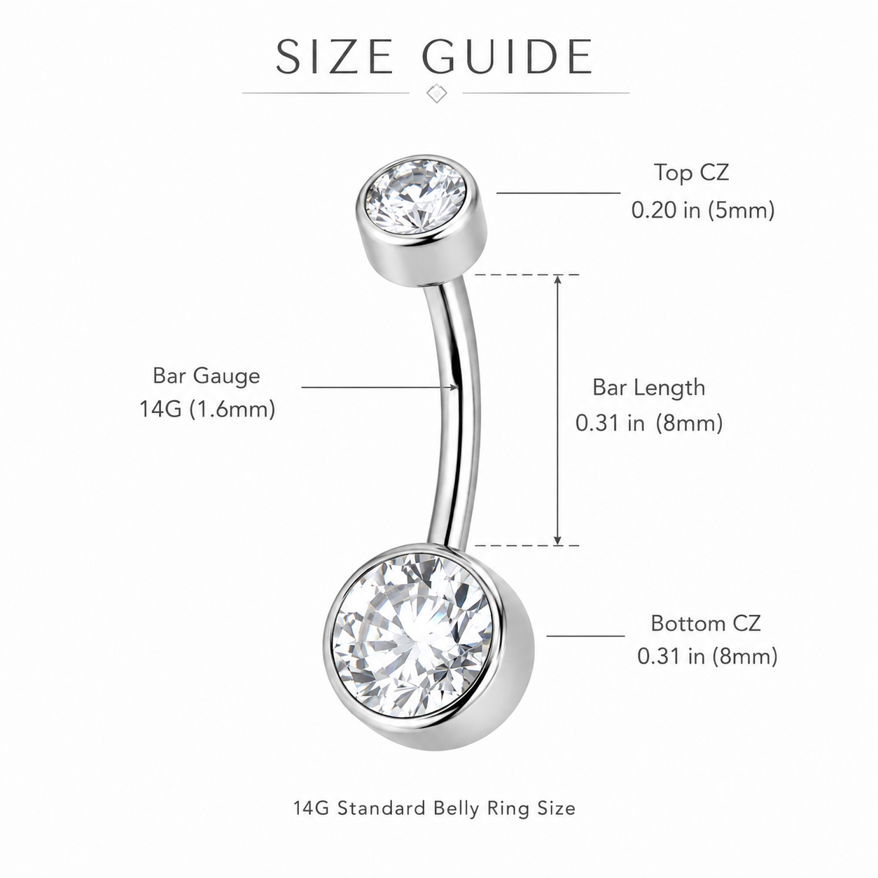 Titanium belly button ring size guide with 14G bar gauge, 8mm bar length, 5mm top CZ and 8mm bottom CZ dimensions