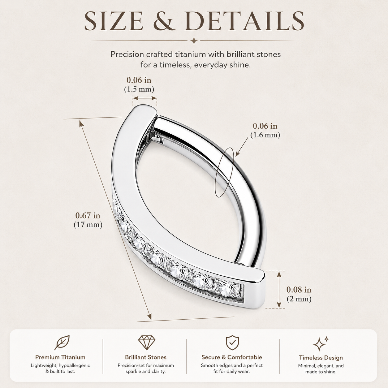 Titanium curved clicker belly ring size guide showing bar thickness and inner diameter measurements for comfortable fit.