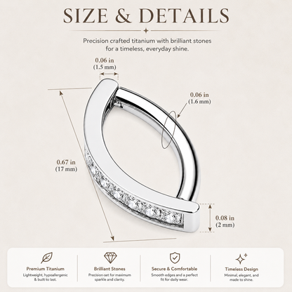 Titanium curved clicker belly ring size guide showing bar thickness and inner diameter measurements for comfortable fit.