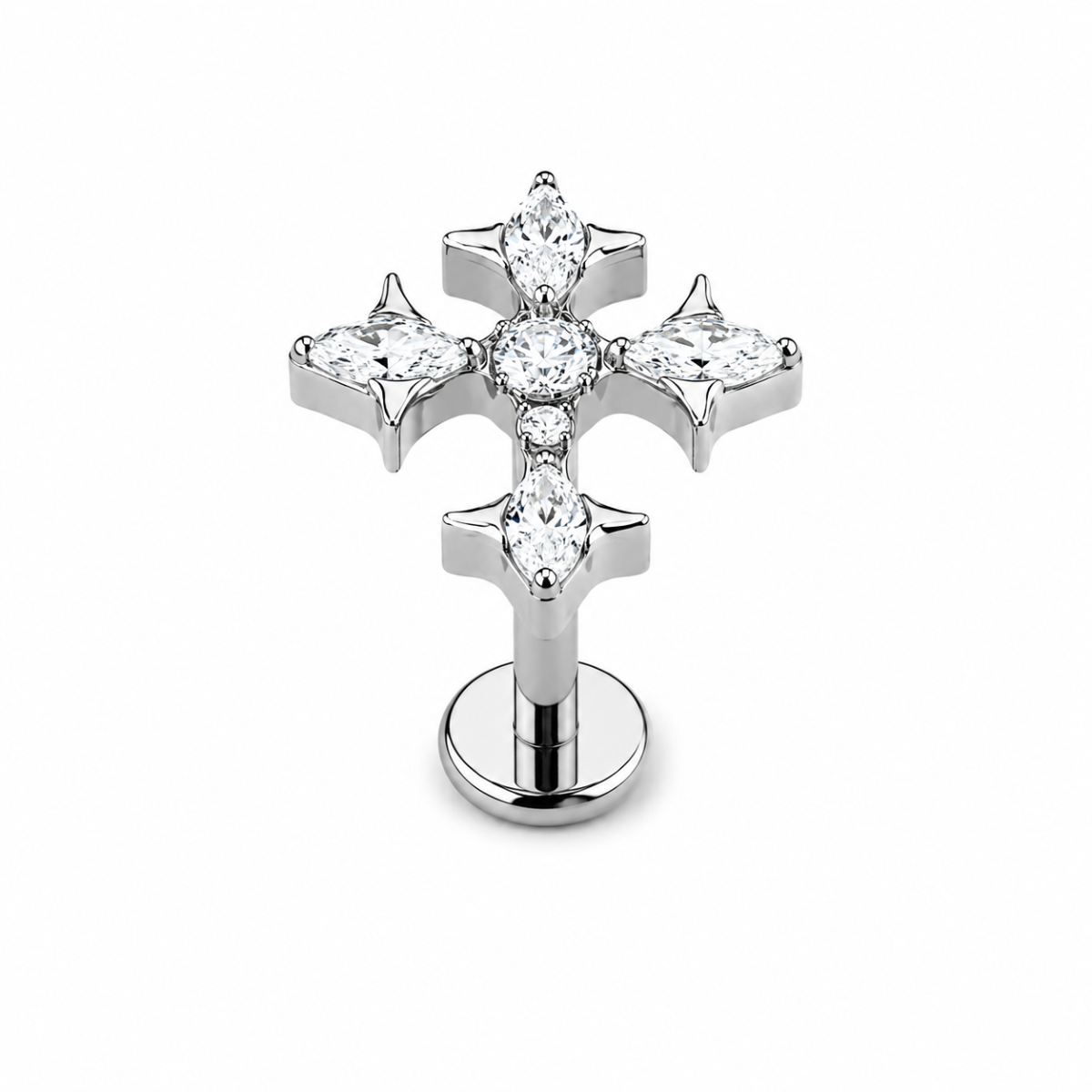 Titanium cross flat back stud with sparkling cubic zirconia stones and internally threaded design on white background