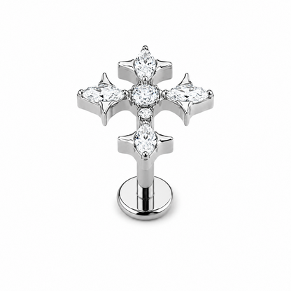 Titanium cross flat back stud with sparkling cubic zirconia stones and internally threaded design on white background