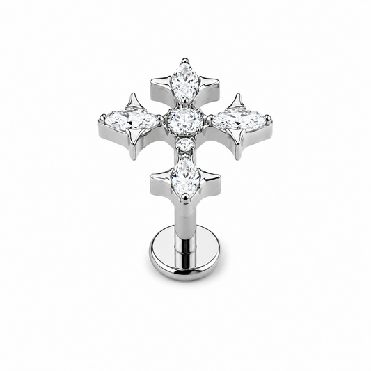 Titanium cross flat back stud with sparkling cubic zirconia stones and internally threaded design on white background