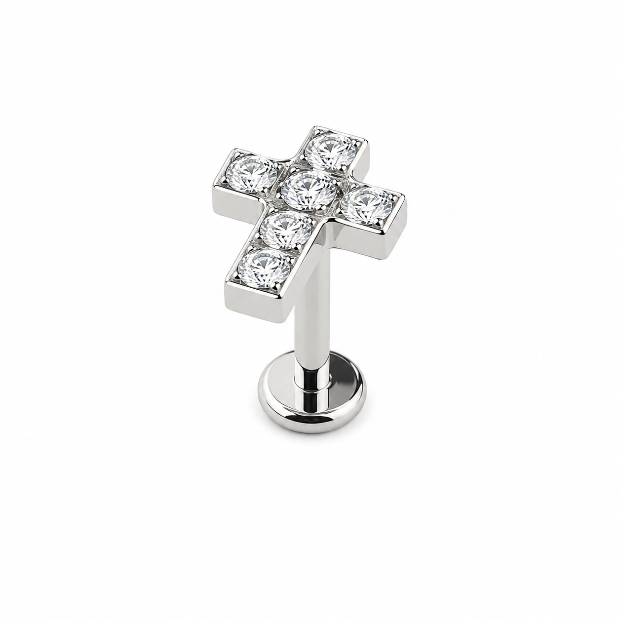 Titanium cross flat back stud with round cubic zirconia for cartilage and lobe piercings