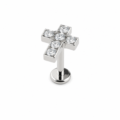 Titanium cross flat back stud with round cubic zirconia for cartilage and lobe piercings