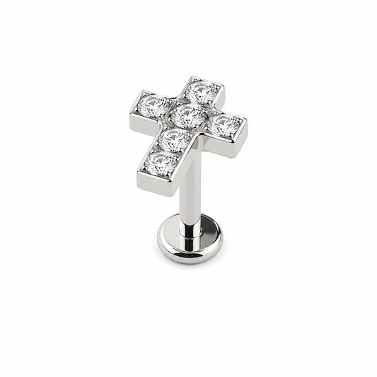 Titanium cross flat back stud with round cubic zirconia for cartilage and lobe piercings