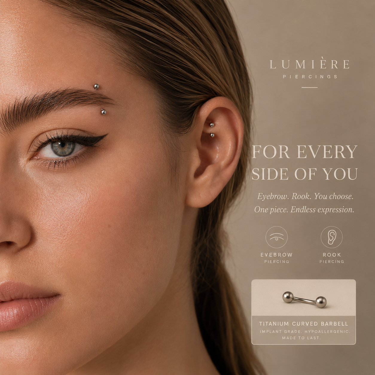 Young woman wearing a polished titanium curved barbell in eyebrow and rook piercings with natural luxury styling
