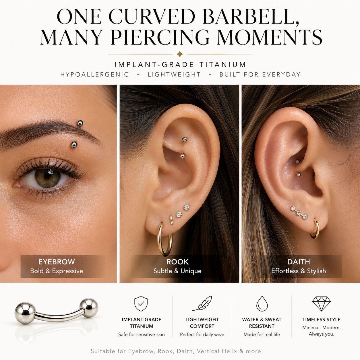 Titanium curved barbell styled for eyebrow, rook, daith and cartilage piercings in a modern minimalist jewelry look
