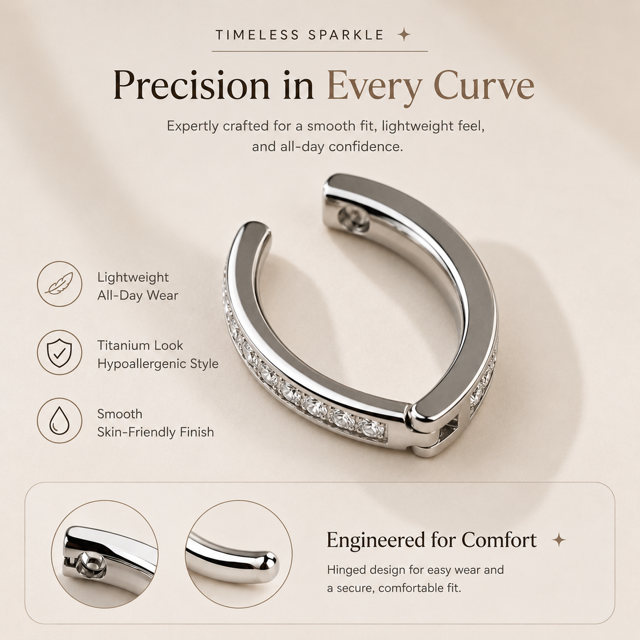 Curved titanium clicker belly ring with sleek polished finish and secure hinged closure.