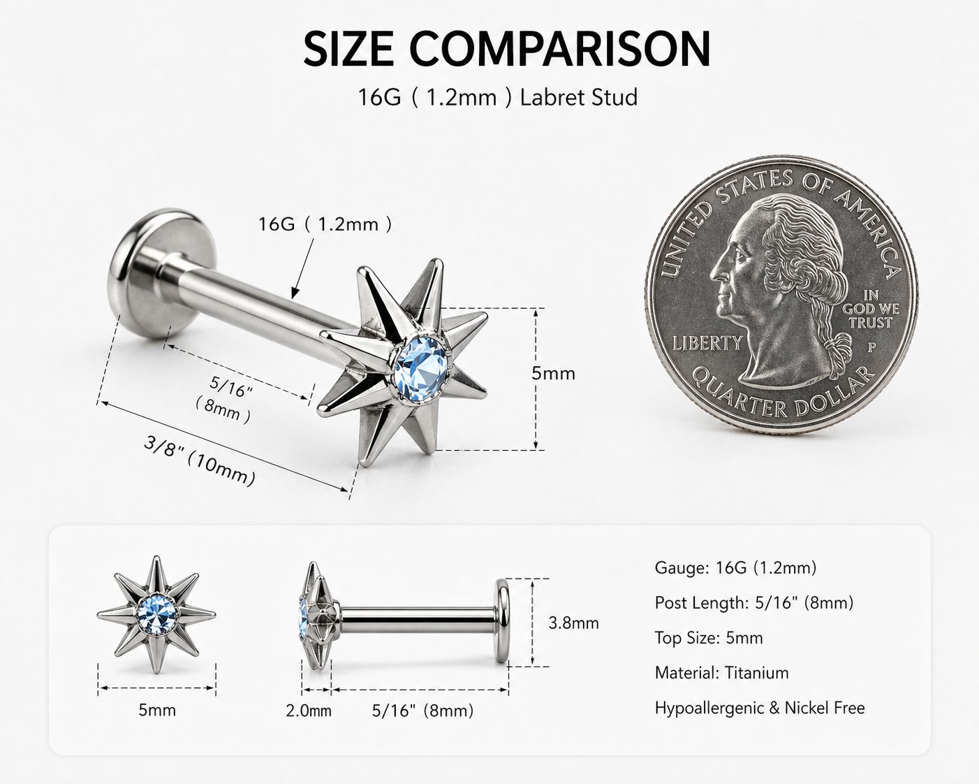 16 gauge titanium stud earring size comparison and measurements