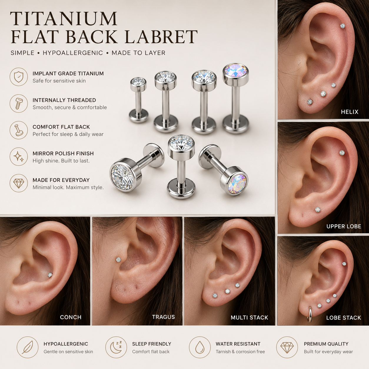 Titanium flat back CZ labret stud featuring internally threaded design, hypoallergenic titanium, waterproof finish, and everyday comfort