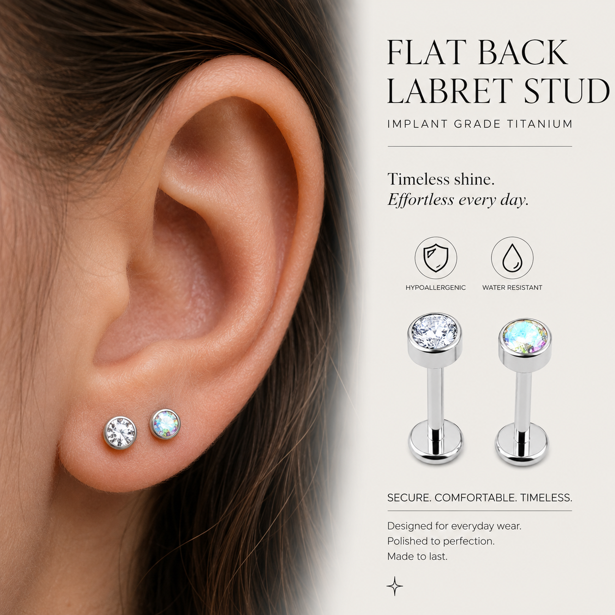 Woman wearing titanium flat back CZ labret studs in helix and lobe piercings with minimalist ear stack styling