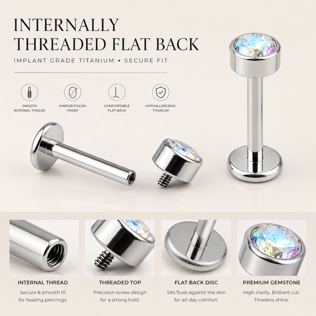 Close-up macro view of polished titanium flat back stud with sparkling bezel set cubic zirconia