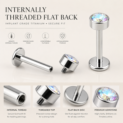 Close-up macro view of polished titanium flat back stud with sparkling bezel set cubic zirconia