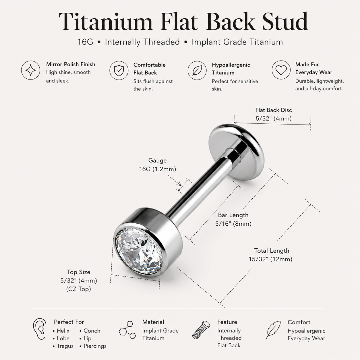Size chart for titanium flat back CZ labret stud showing gauge thickness, bar length, and flat back dimensions