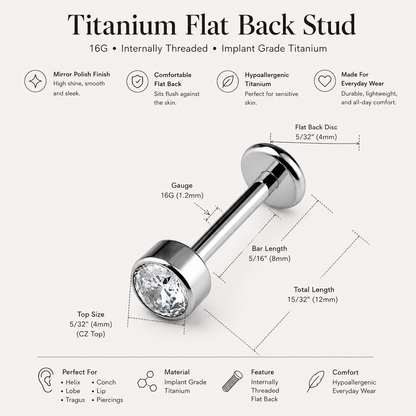 Size chart for titanium flat back CZ labret stud showing gauge thickness, bar length, and flat back dimensions