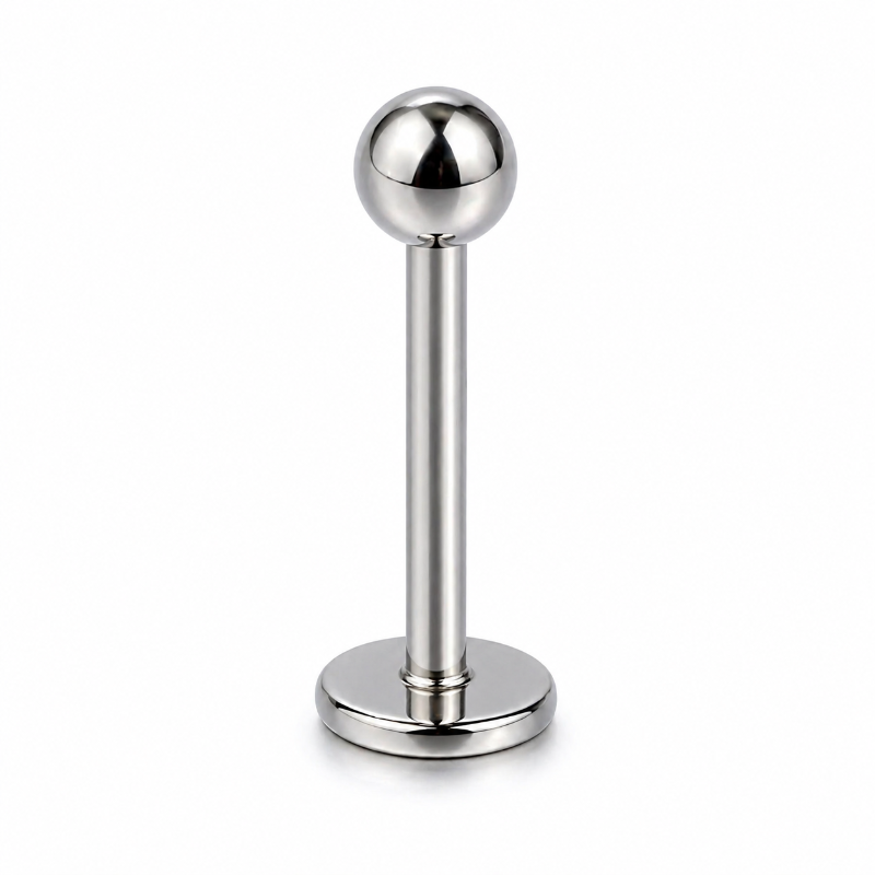 AIDD titanium flat back labret stud showing the ball top, straight post and flat backing disc