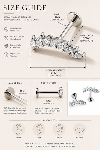 Size guide for titanium marquise CZ flat back stud including 16G gauge and 8mm post length