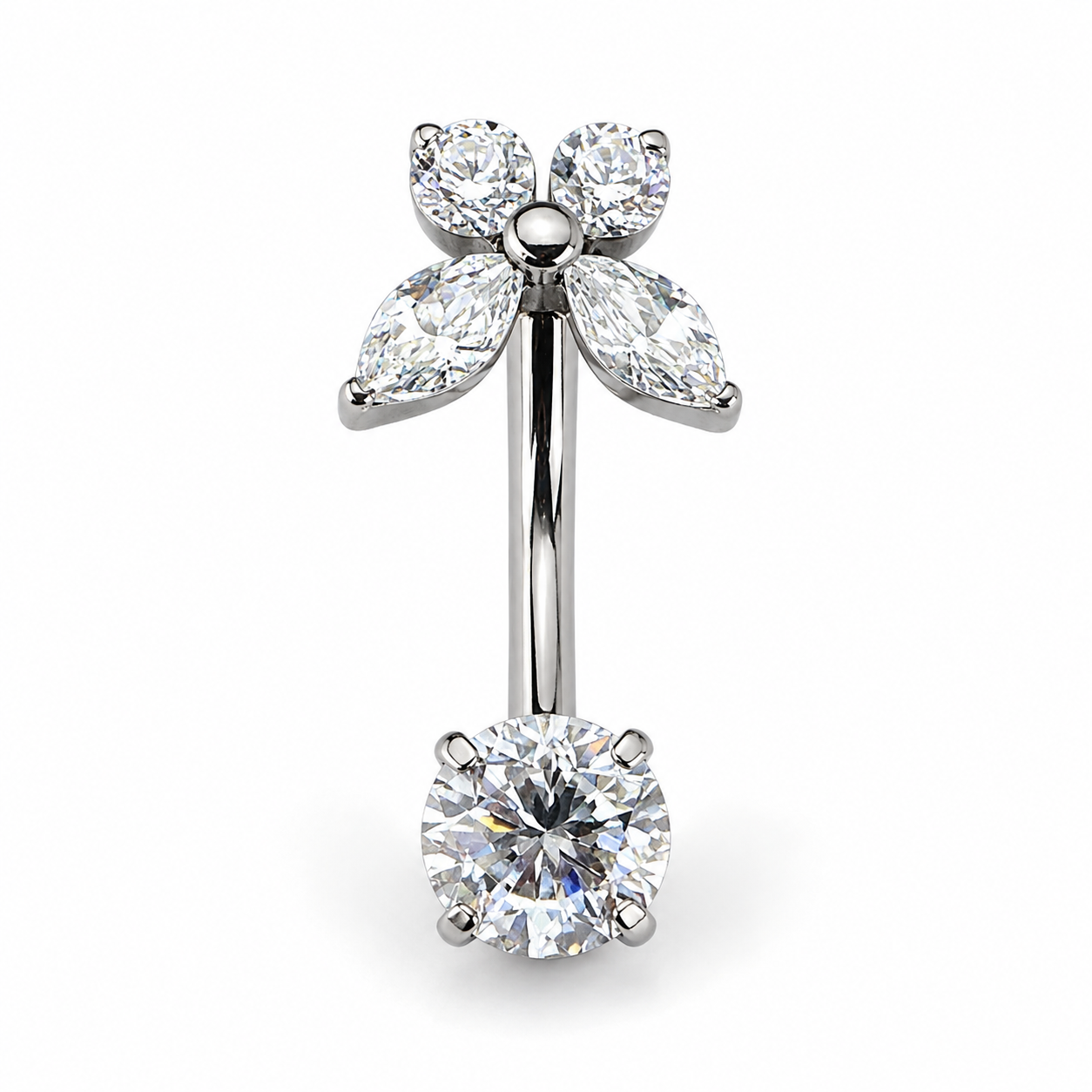 Titanium flower belly button ring with sparkling zircon stones and hypoallergenic curved barbell for sensitive skin