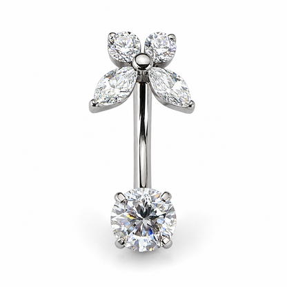 Titanium flower belly button ring with sparkling zircon stones and hypoallergenic curved barbell for sensitive skin
