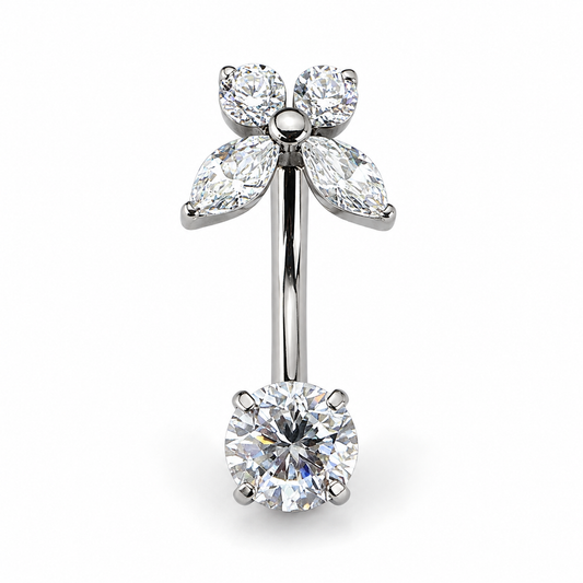 Titanium flower belly button ring with sparkling zircon stones and hypoallergenic curved barbell for sensitive skin
