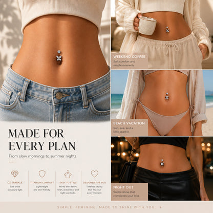 Titanium flower belly button ring styled with casual, beach, coffee and night-out outfits showing versatile everyday wear for women