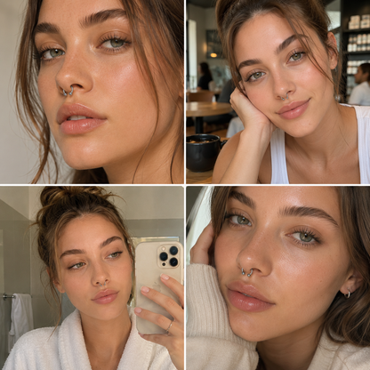 Lifestyle collage of women wearing a titanium horseshoe nose ring in everyday clean girl looks
