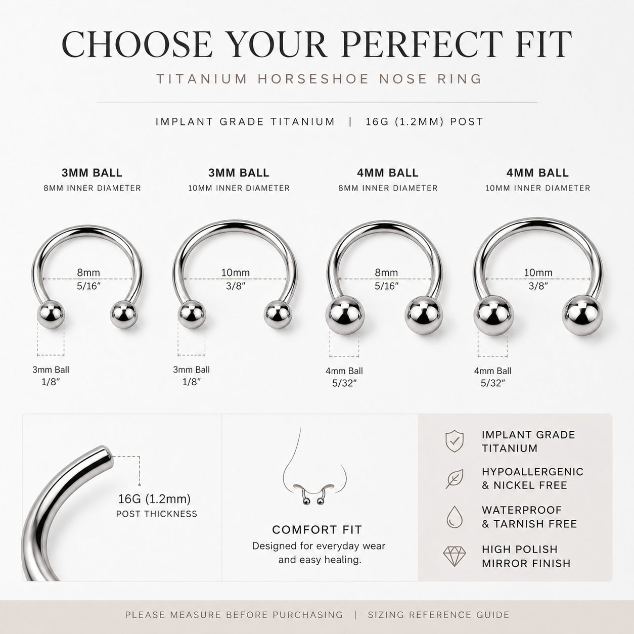 Size guide for 16G titanium horseshoe nose ring with 3mm and 4mm ball options
