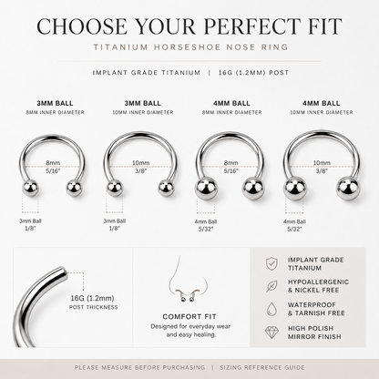 Size guide for 16G titanium horseshoe nose ring with 3mm and 4mm ball options